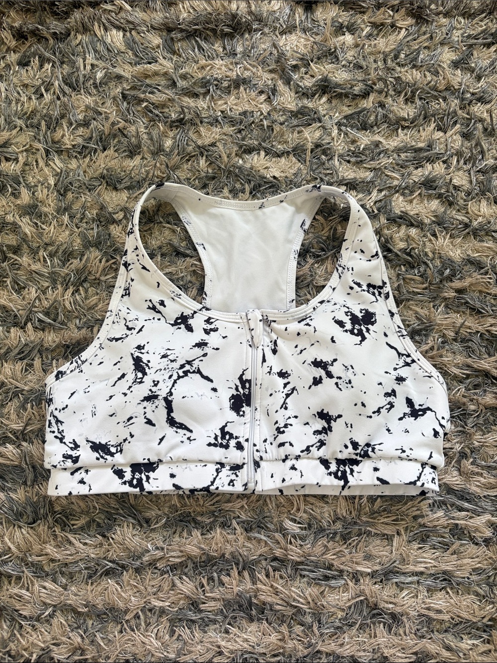 Front-Zip Marble Print Sports Bra Bodysuit - White/Black Size L